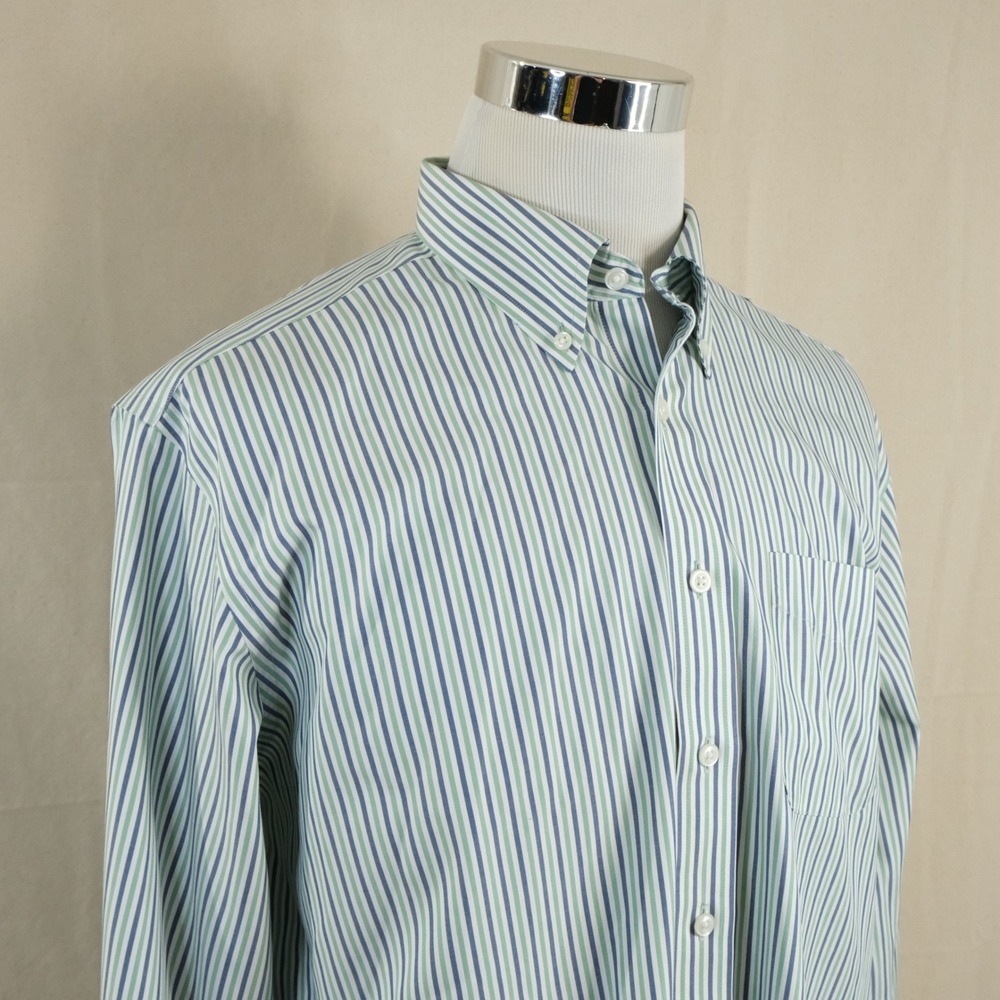 L.L. Bean 16.5 37 Traditional Fit Dress Shrit Green Blue Striped Cotton Mens
